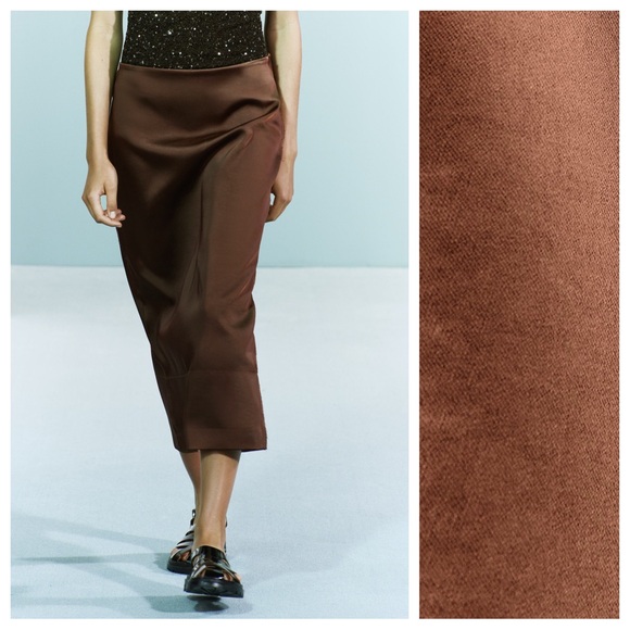 NWT. Zara Brown ZW Collection Satin Effect Midi Skirt. Size M. - Picture 3 of 11